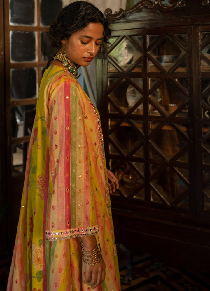 Lime Yellow Printed Chanderi Kurta Pants Set Paulmi and Harsh - Fabilicious Fashion