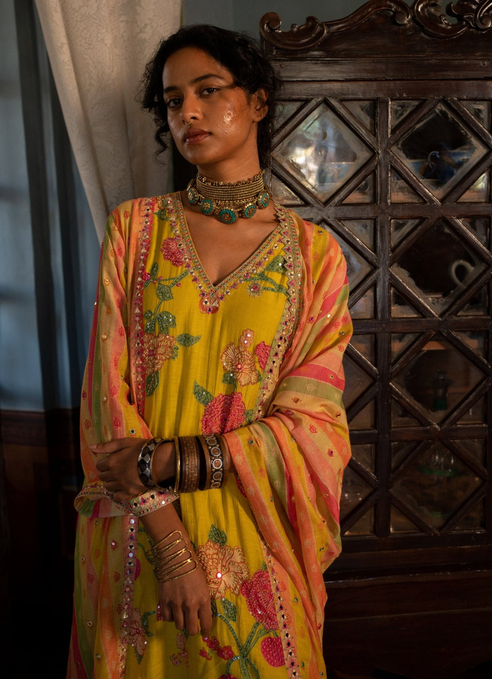 Lime Yellow Printed Chanderi Kurta Pants Set Paulmi and Harsh - Fabilicious Fashion