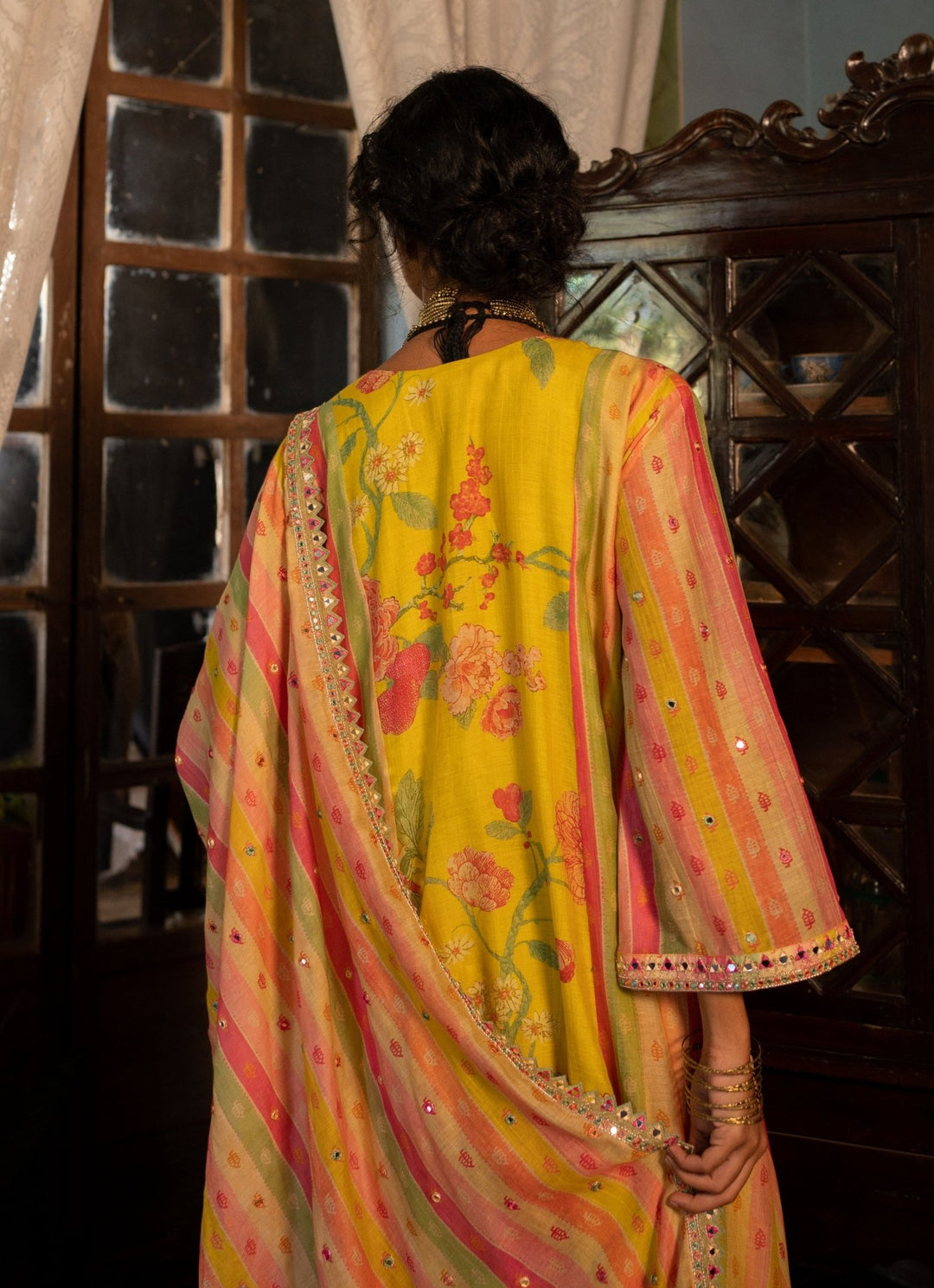Lime Yellow Printed Chanderi Kurta Pants Set Paulmi and Harsh - Fabilicious Fashion