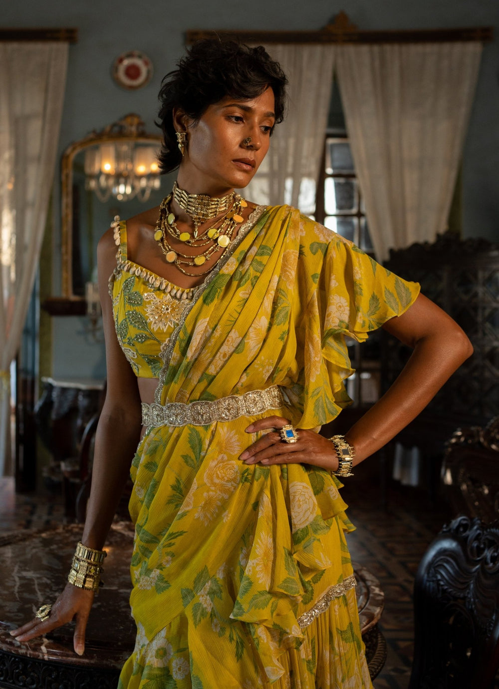 Lime Yellow Printed Predraped Chiffon Saree Paulmi and Harsh - Fabilicious Fashion