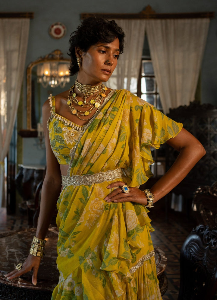 Lime Yellow Printed Predraped Chiffon Saree Paulmi and Harsh - Fabilicious Fashion