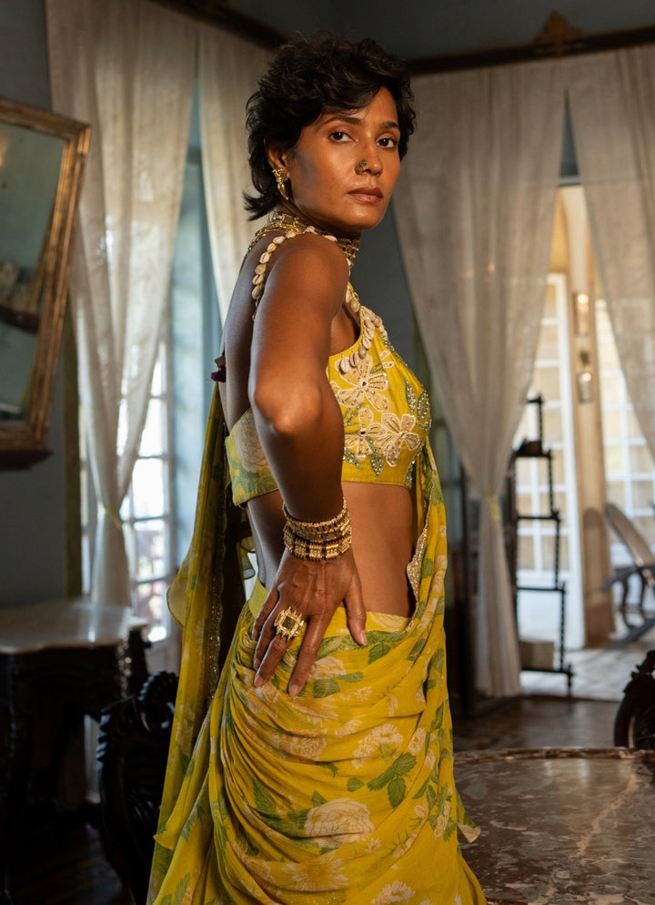 Lime Yellow Printed Predraped Chiffon Saree Paulmi and Harsh - Fabilicious Fashion