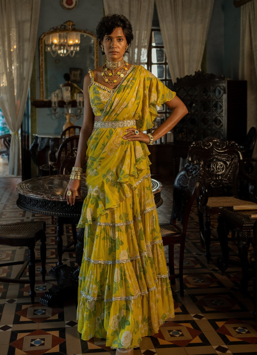 Lime Yellow Printed Predraped Chiffon Saree Paulmi and Harsh - Fabilicious Fashion