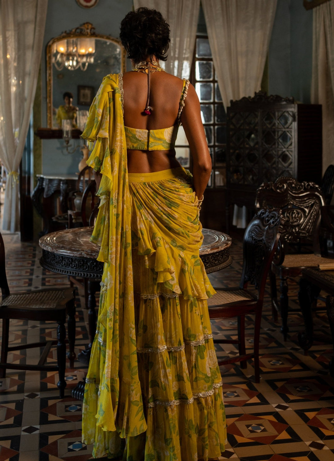Lime Yellow Printed Predraped Chiffon Saree Paulmi and Harsh - Fabilicious Fashion