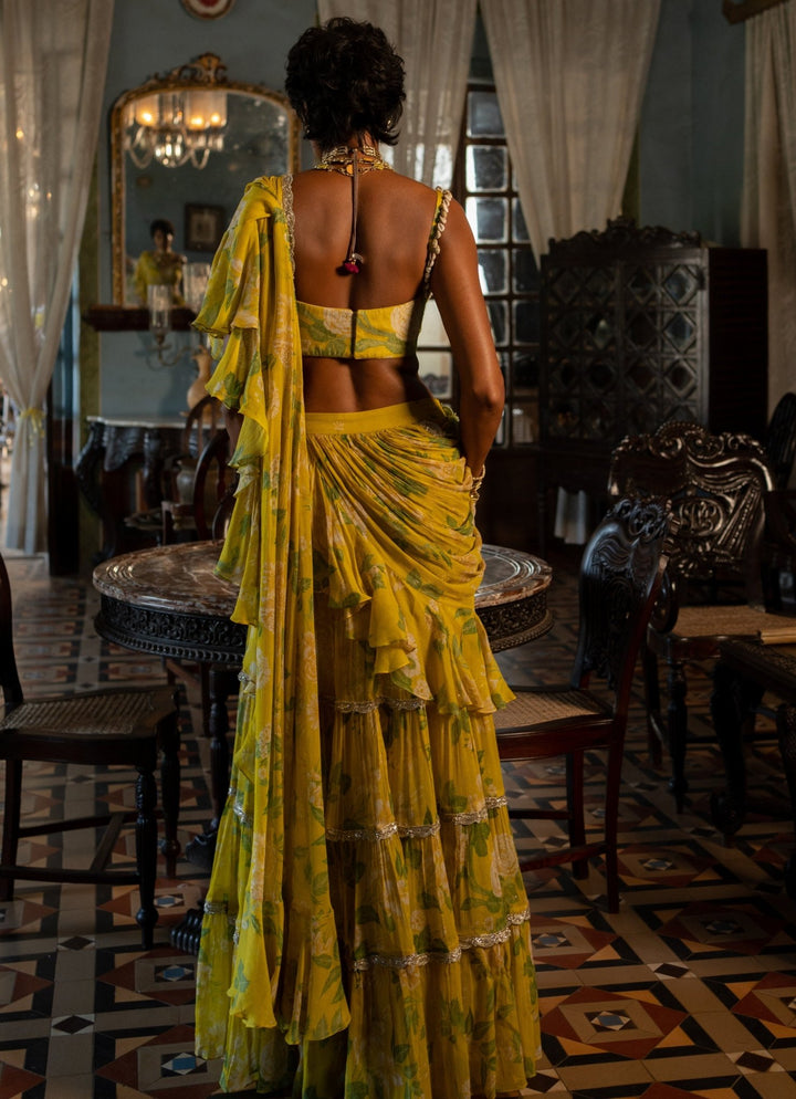 Lime Yellow Printed Predraped Chiffon Saree Paulmi and Harsh - Fabilicious Fashion