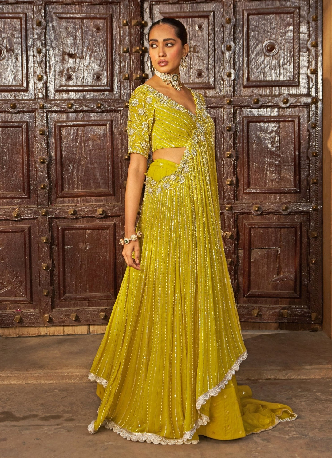 Lime Yellow Sequin Embroidered Lehenga Saree Nidhika Shekhar - Fabilicious Fashion