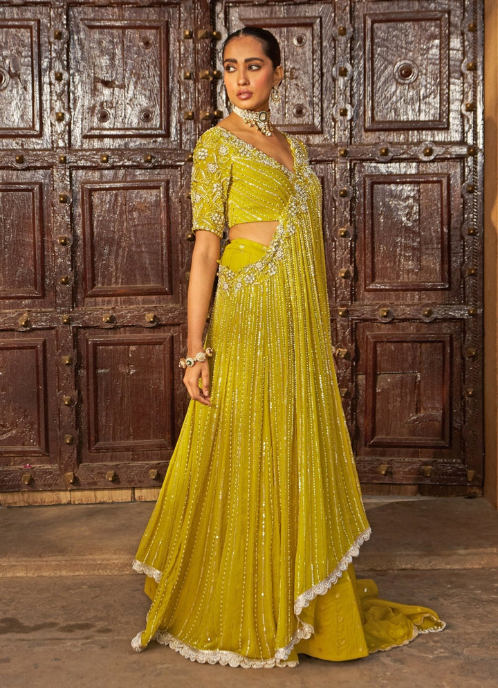 Lime Yellow Sequin Embroidered Lehenga Saree Nidhika Shekhar - Fabilicious Fashion