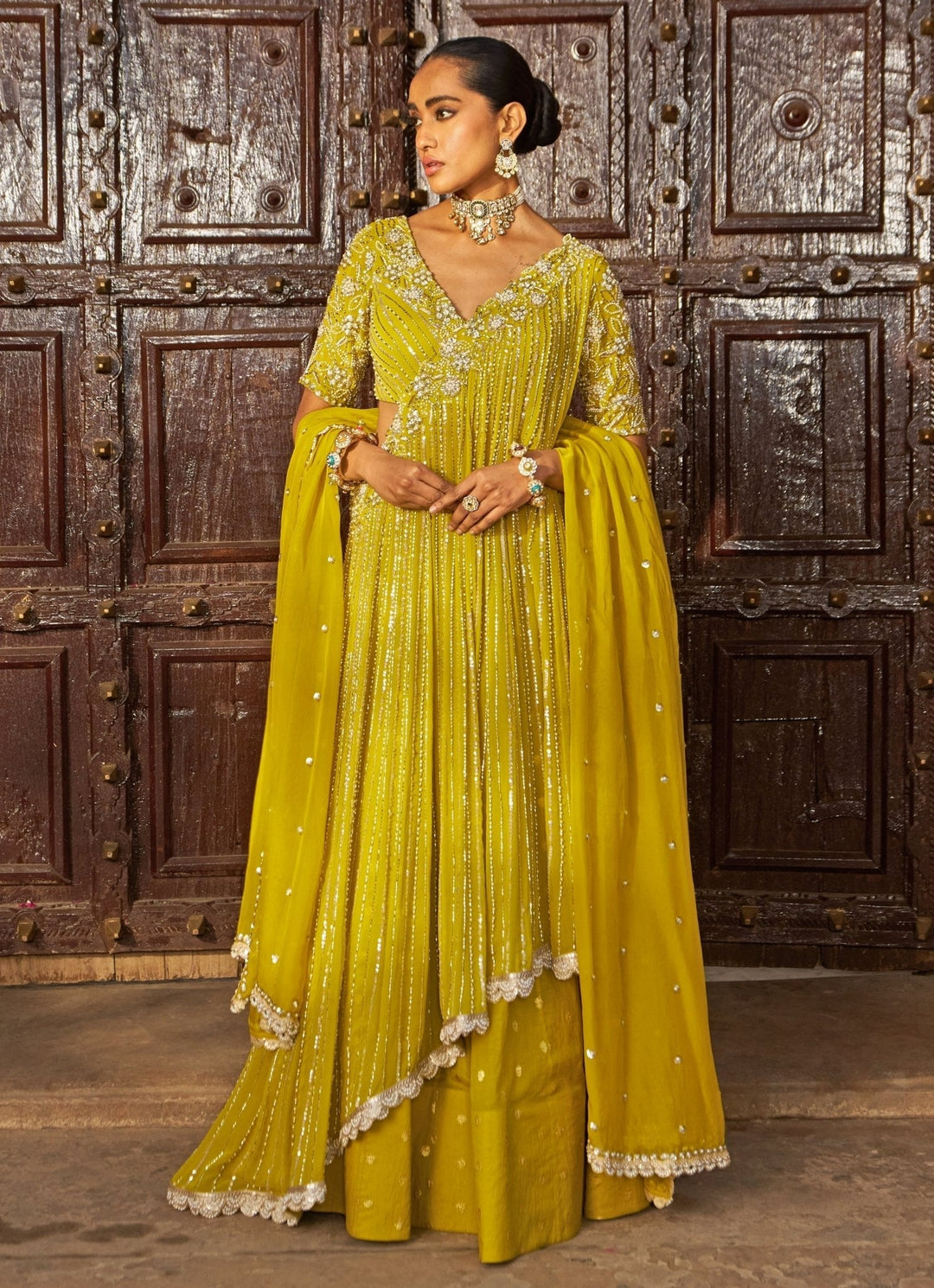 Lime Yellow Sequin Embroidered Lehenga Saree Nidhika Shekhar - Fabilicious Fashion