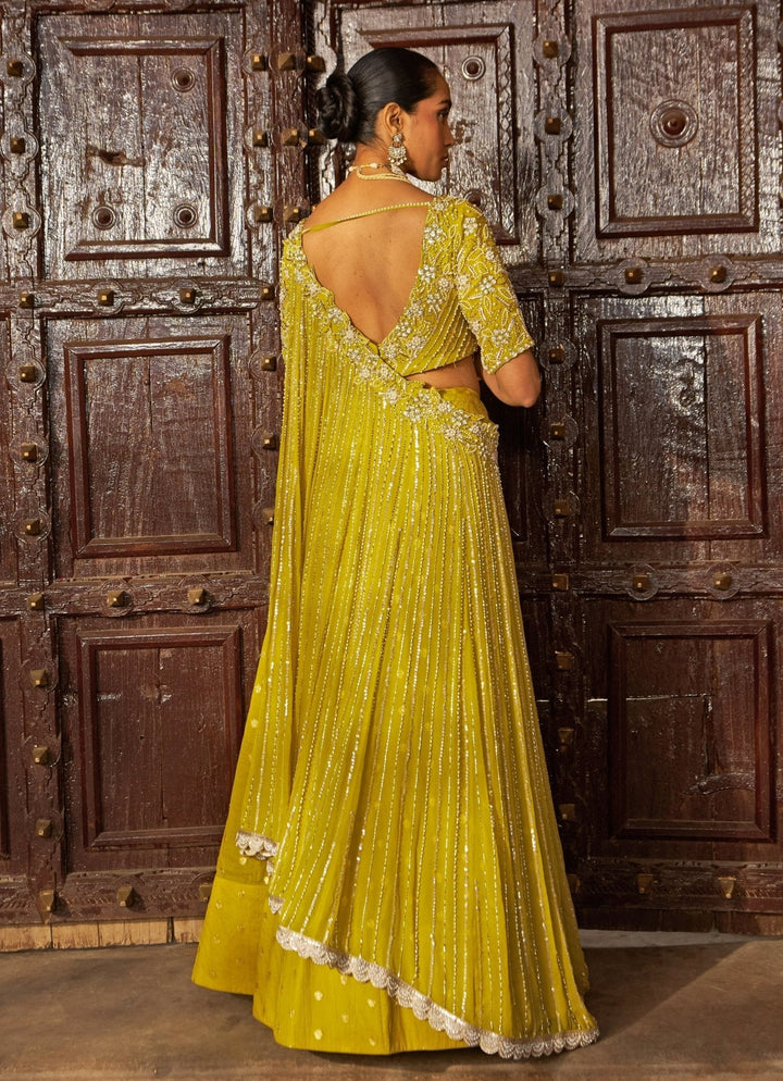 Lime Yellow Sequin Embroidered Lehenga Saree Nidhika Shekhar - Fabilicious Fashion