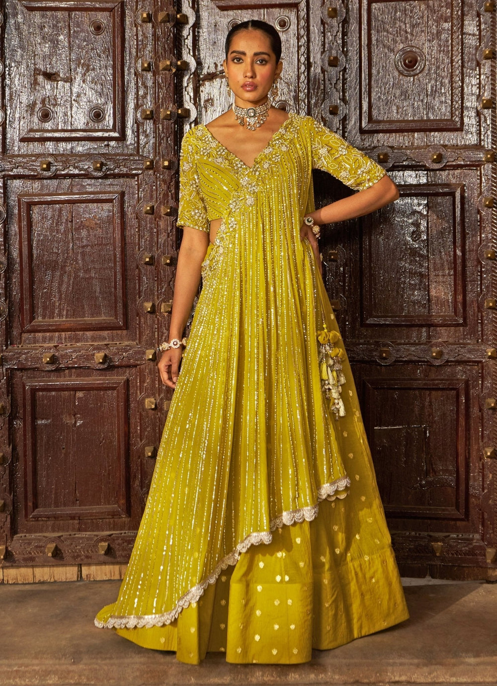 Lime Yellow Sequin Embroidered Lehenga Saree Nidhika Shekhar - Fabilicious Fashion