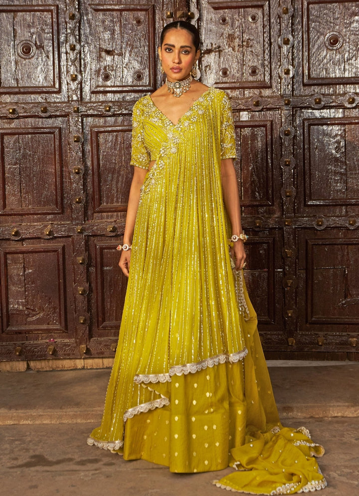 Lime Yellow Sequin Embroidered Lehenga Saree Nidhika Shekhar - Fabilicious Fashion