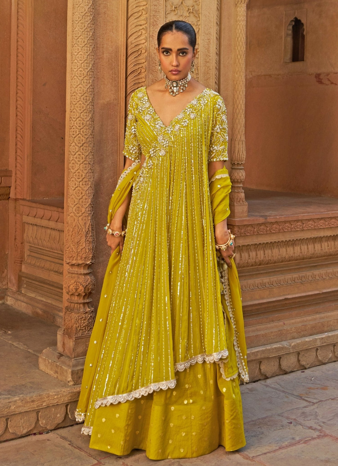 Lime Yellow Sequin Embroidered Lehenga Saree Nidhika Shekhar - Fabilicious Fashion