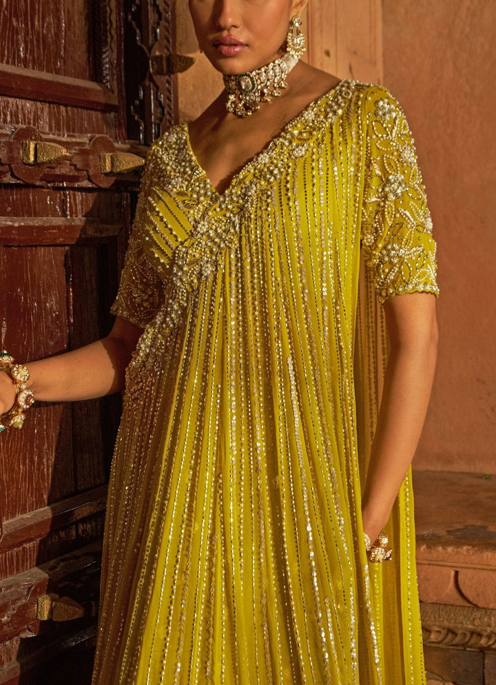 Lime Yellow Sequin Embroidered Lehenga Saree Nidhika Shekhar - Fabilicious Fashion