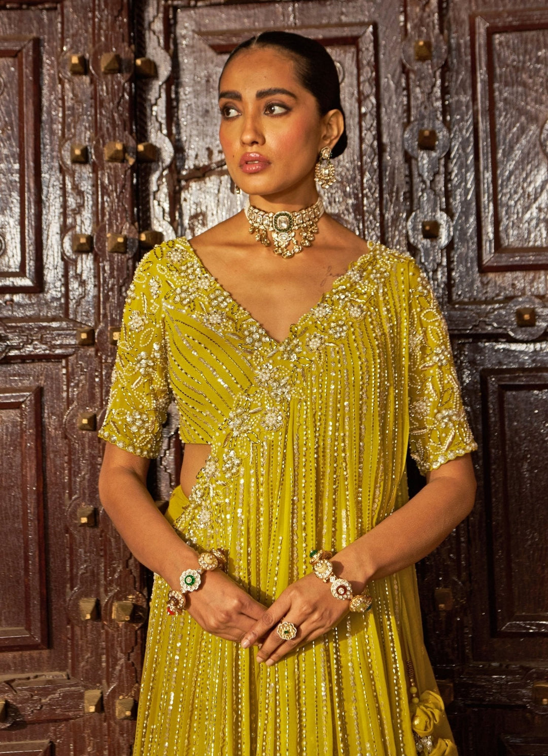 Lime Yellow Sequin Embroidered Lehenga Saree Nidhika Shekhar - Fabilicious Fashion