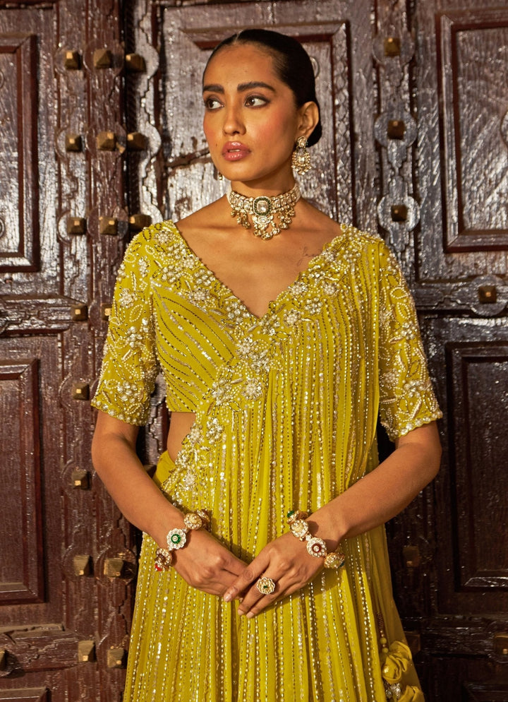 Lime Yellow Sequin Embroidered Lehenga Saree Nidhika Shekhar - Fabilicious Fashion