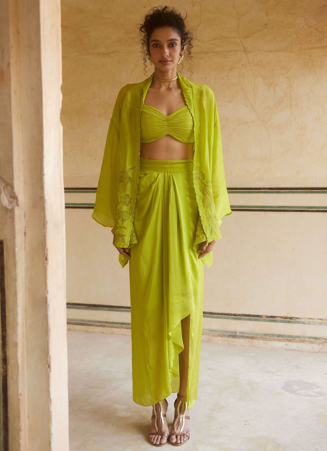 Lime Yellow Silk Organza Skirt And Cape Set Paulmi and Harsh - Fabilicious Fashion