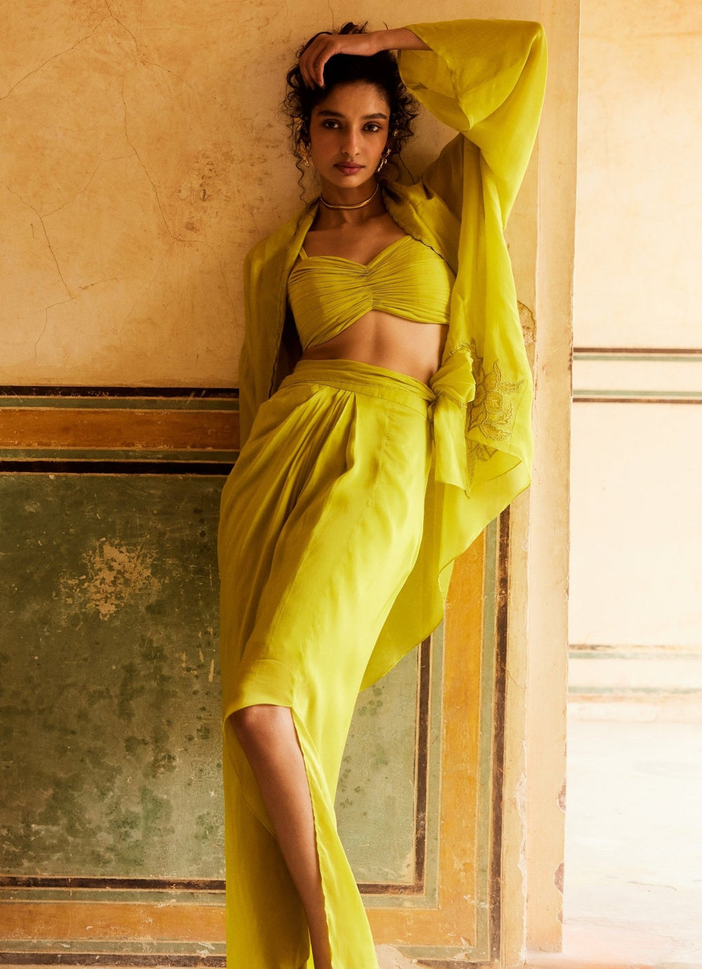 Lime Yellow Silk Organza Skirt And Cape Set Paulmi and Harsh - Fabilicious Fashion