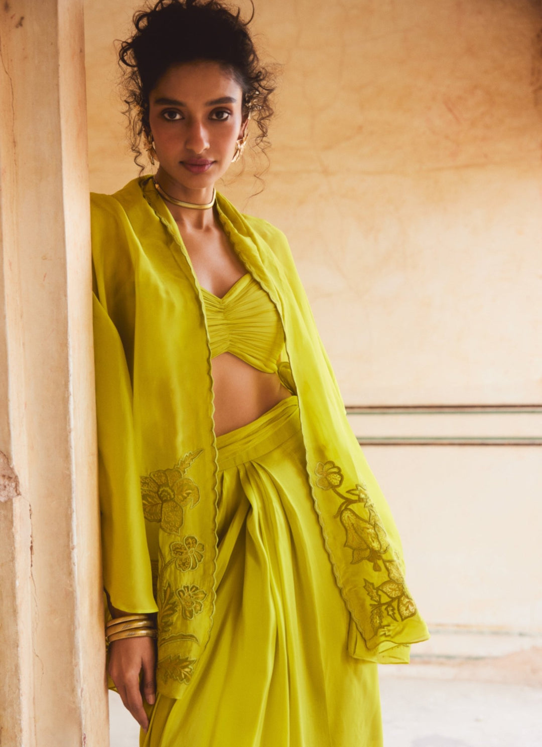 Lime Yellow Silk Organza Skirt And Cape Set Paulmi and Harsh - Fabilicious Fashion