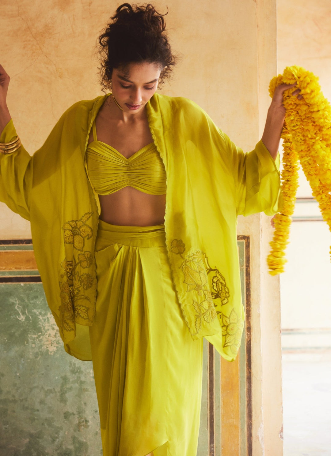 Lime Yellow Silk Organza Skirt And Cape Set Paulmi and Harsh - Fabilicious Fashion