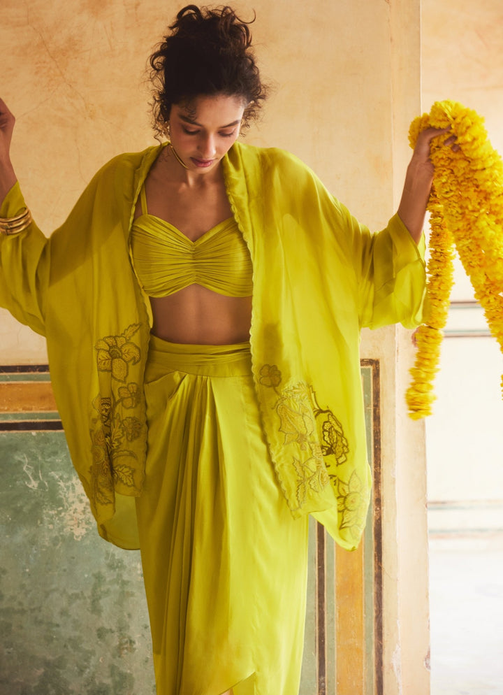 Lime Yellow Silk Organza Skirt And Cape Set Paulmi and Harsh - Fabilicious Fashion