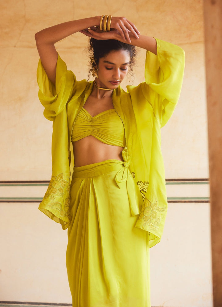 Lime Yellow Silk Organza Skirt And Cape Set Paulmi and Harsh - Fabilicious Fashion