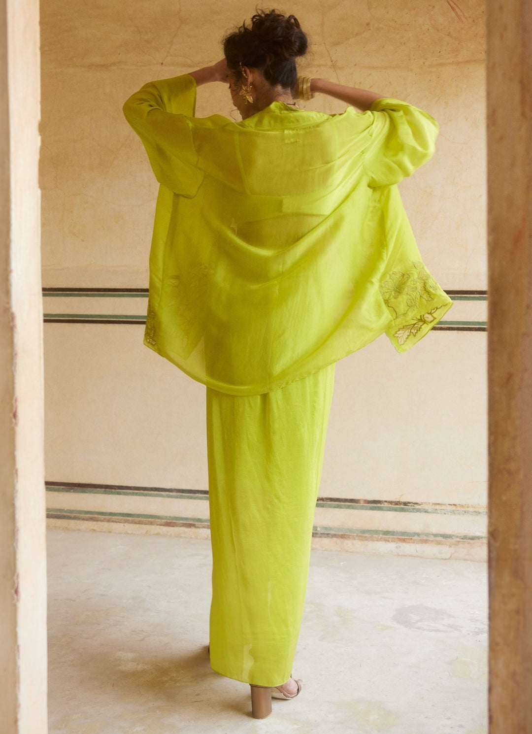 Lime Yellow Silk Organza Skirt And Cape Set Paulmi and Harsh - Fabilicious Fashion