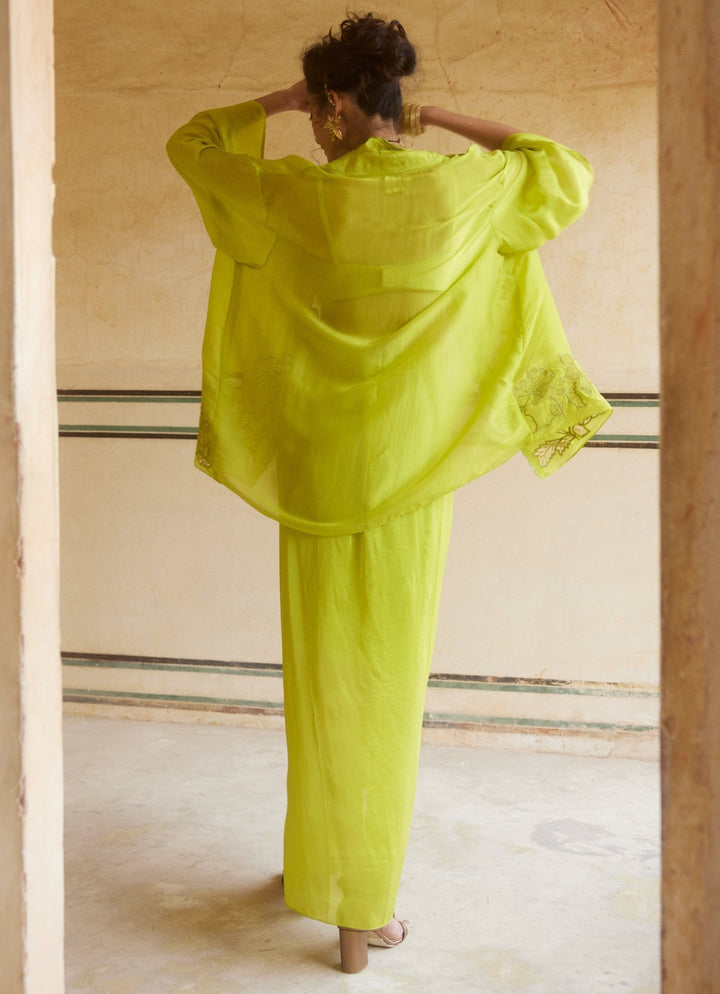 Lime Yellow Silk Organza Skirt And Cape Set Paulmi and Harsh - Fabilicious Fashion