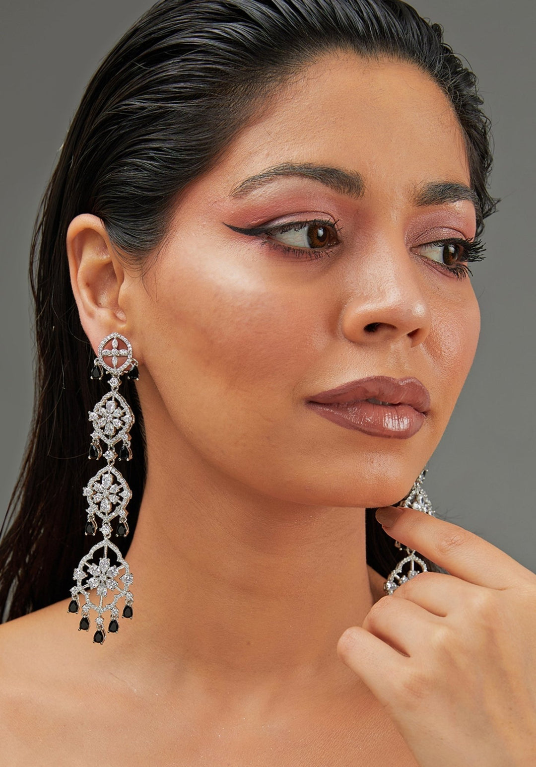 Long Faux Diamond Dangler Earrings Zevar by Geeta - Fabilicious Fashion