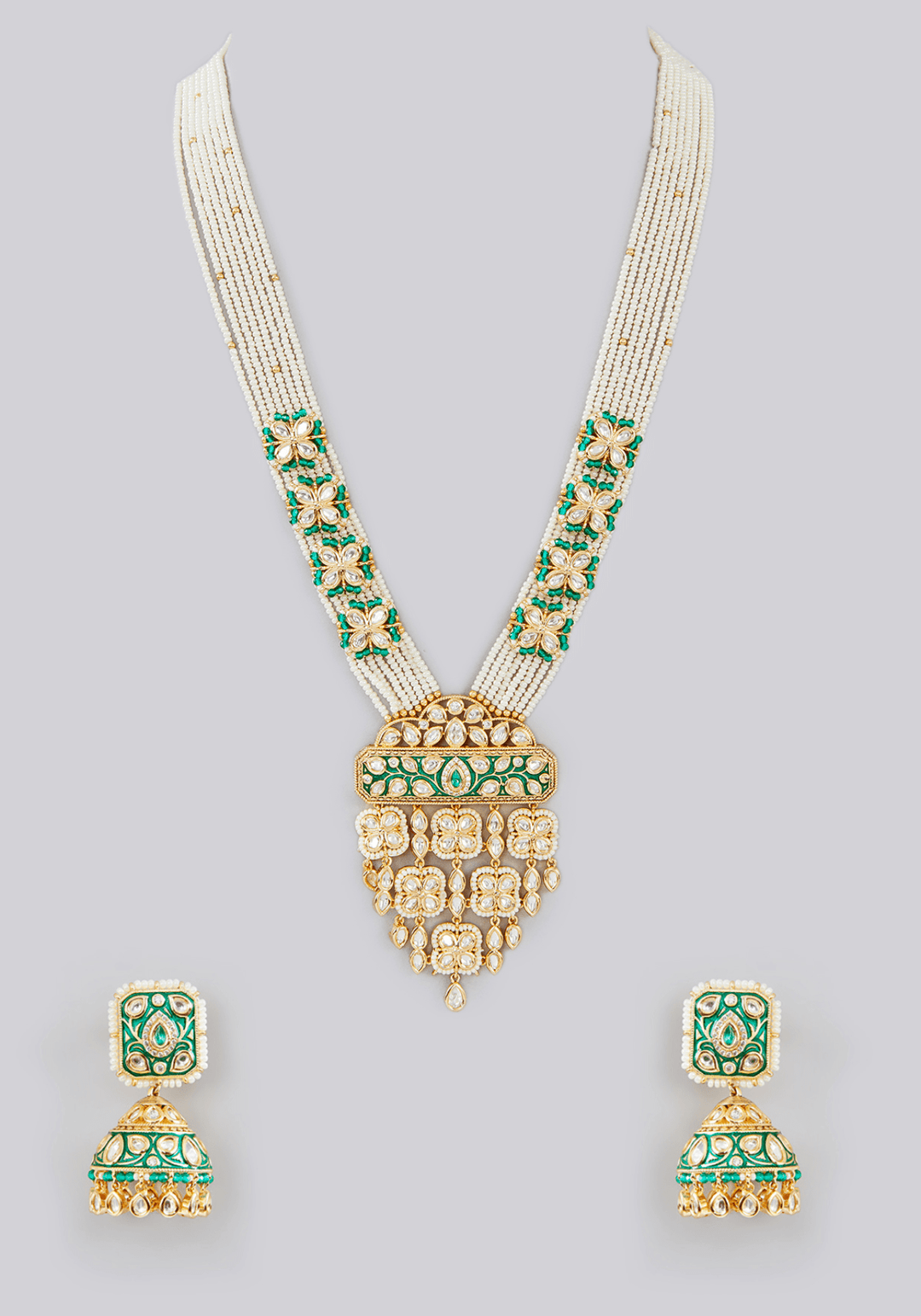 Long Kundan And Pearl Pendant Necklace Set Zevar by Geeta - Fabilicious Fashion