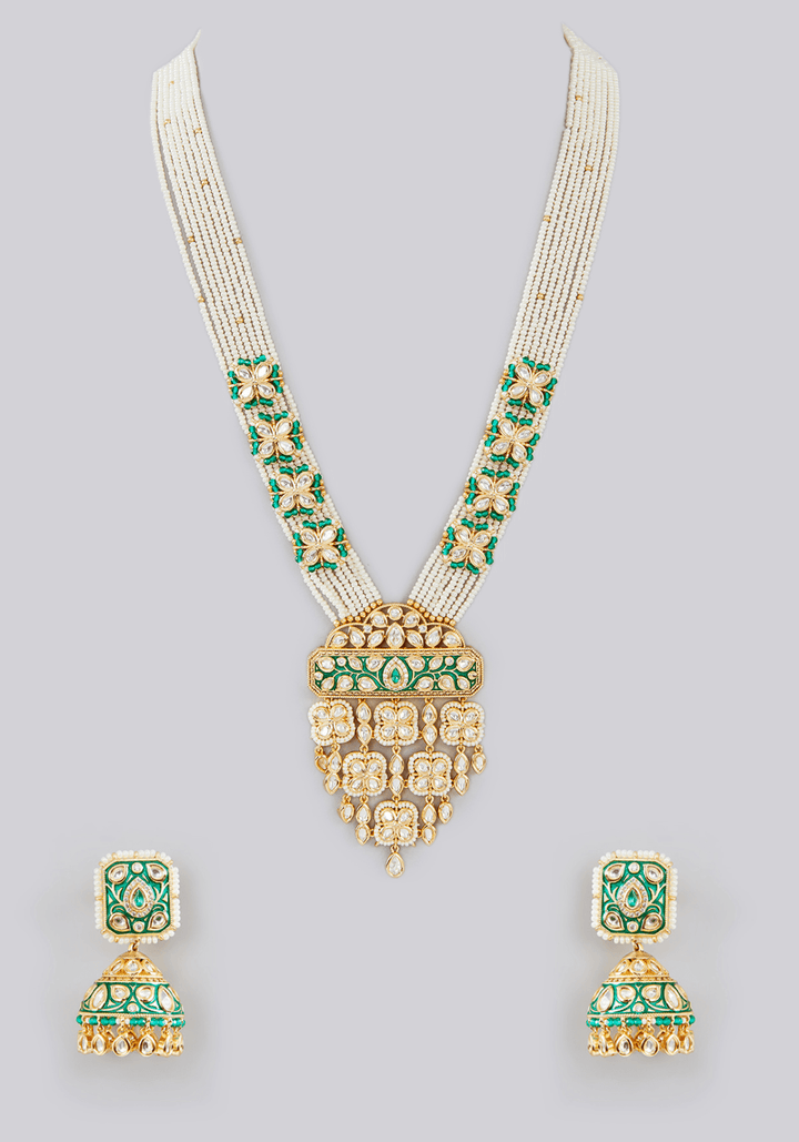 Long Kundan And Pearl Pendant Necklace Set Zevar by Geeta - Fabilicious Fashion