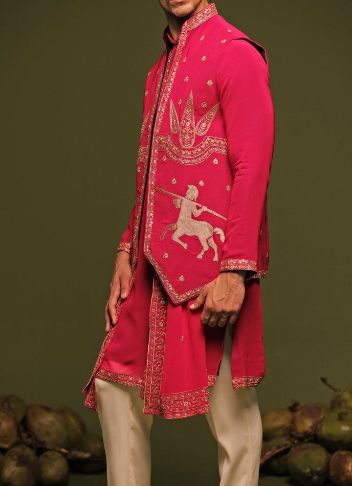 Magenta Pink Embroidered Kurta Jacket Set With Dupatta Kalpraag - Fabilicious Fashion