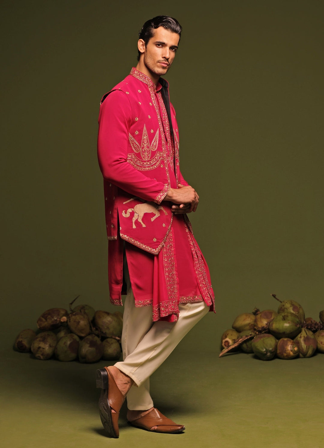 Magenta Pink Embroidered Kurta Jacket Set With Dupatta Kalpraag - Fabilicious Fashion