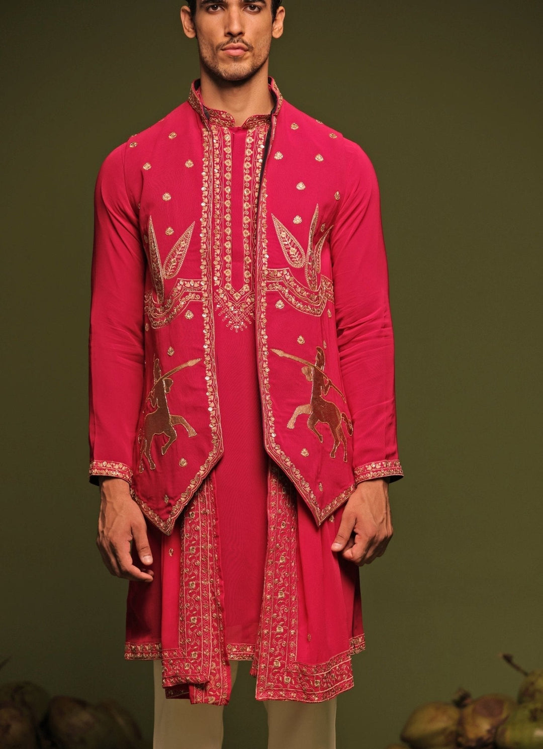 Magenta Pink Embroidered Kurta Jacket Set With Dupatta Kalpraag - Fabilicious Fashion