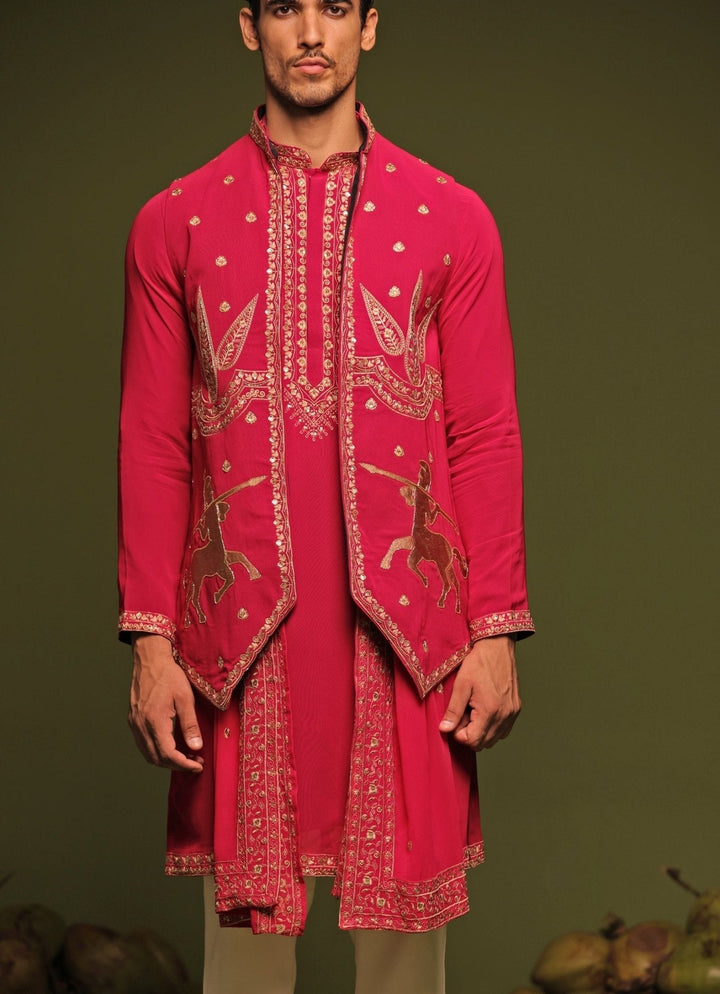 Magenta Pink Embroidered Kurta Jacket Set With Dupatta Kalpraag - Fabilicious Fashion