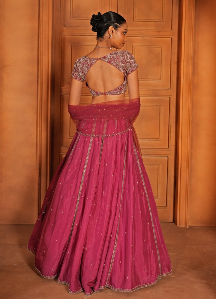 Magenta Pink Embroidered Silk Lehenga Set Enamour by Radha - Fabilicious Fashion