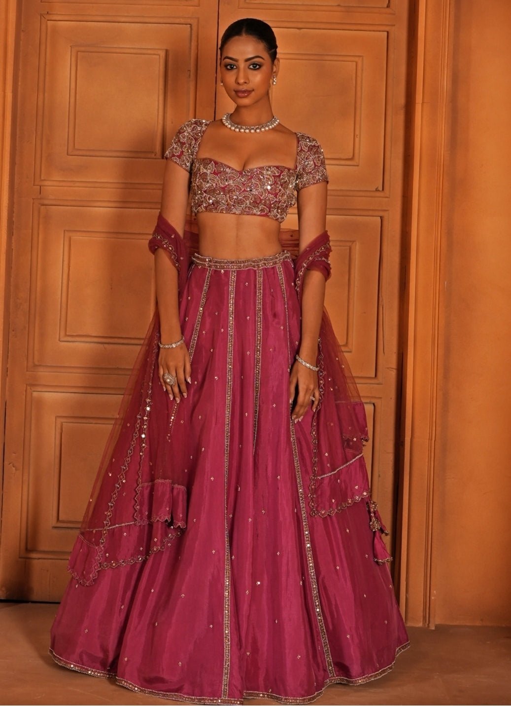 Magenta Pink Embroidered Silk Lehenga Set Enamour by Radha - Fabilicious Fashion