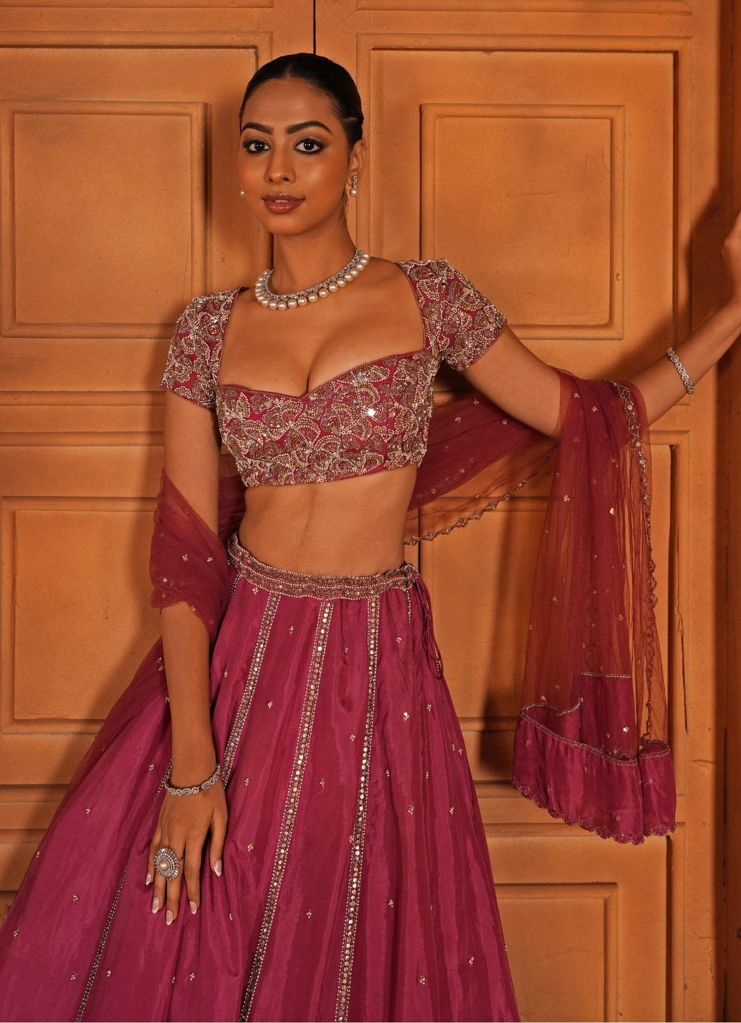 Magenta Pink Embroidered Silk Lehenga Set Enamour by Radha - Fabilicious Fashion