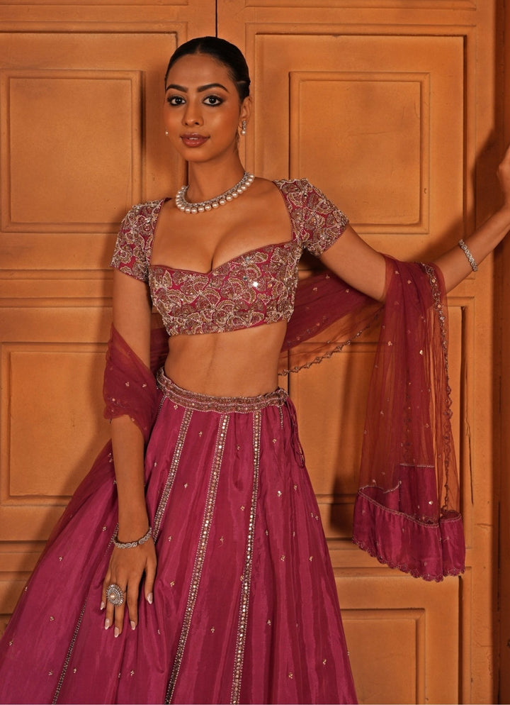 Magenta Pink Embroidered Silk Lehenga Set Enamour by Radha - Fabilicious Fashion