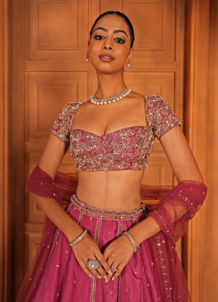 Magenta Pink Embroidered Silk Lehenga Set Enamour by Radha - Fabilicious Fashion
