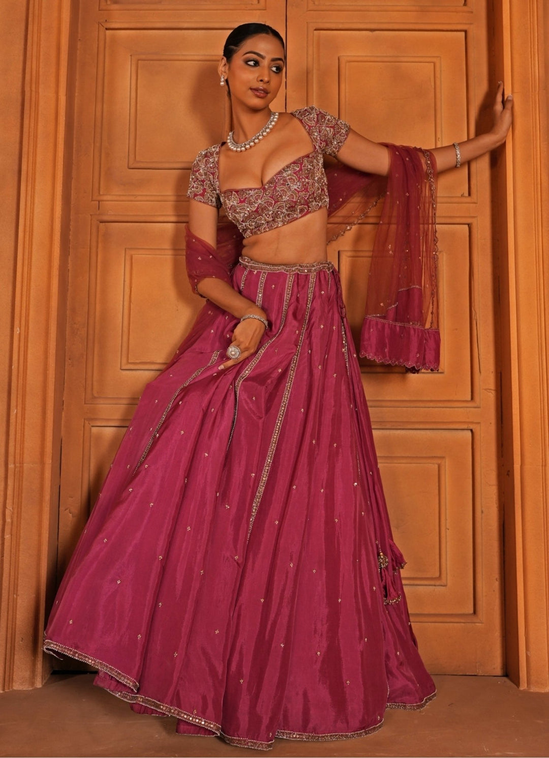 Magenta Pink Embroidered Silk Lehenga Set Enamour by Radha - Fabilicious Fashion