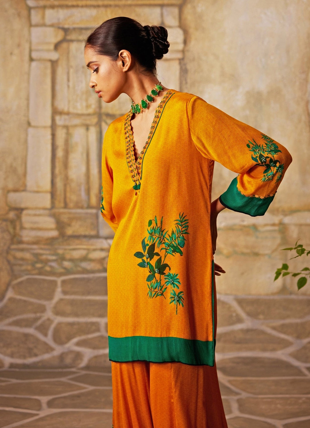 Mango Yellow Printed Chiffon Kurta Sharara Set Basil Leaf - Fabilicious Fashion