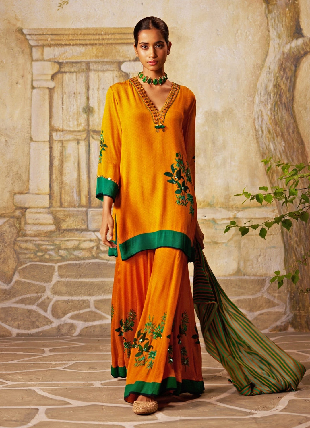 Mango Yellow Printed Chiffon Kurta Sharara Set Basil Leaf - Fabilicious Fashion