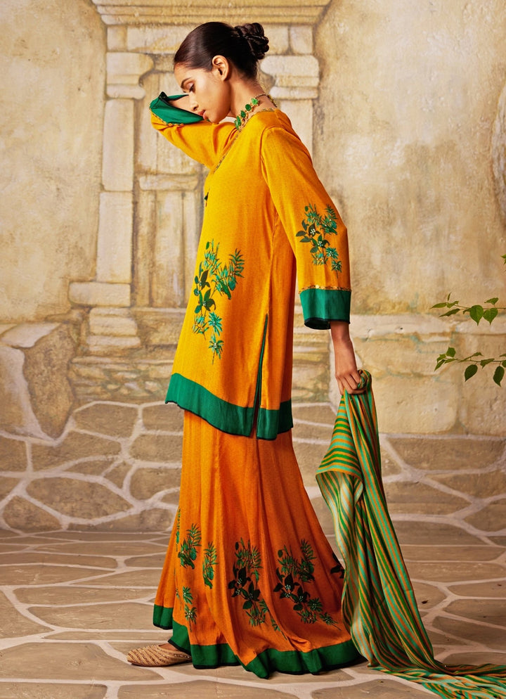 Mango Yellow Printed Chiffon Kurta Sharara Set Basil Leaf - Fabilicious Fashion