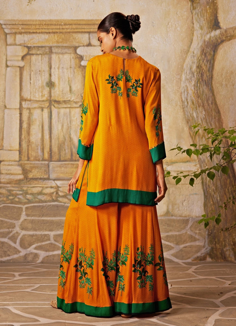 Mango Yellow Printed Chiffon Kurta Sharara Set Basil Leaf - Fabilicious Fashion