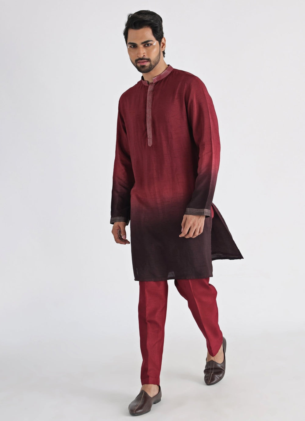 Maroon And Brown Ombre Embroidered Silk Kurta Pant Set Smriti - Fabilicious Fashion