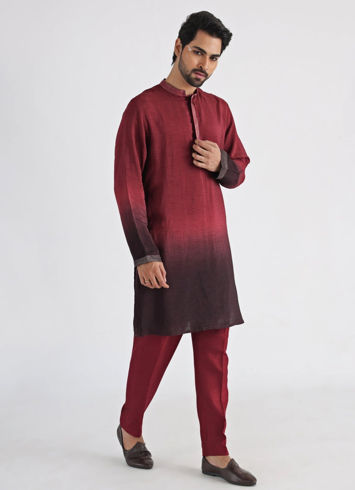 Maroon And Brown Ombre Embroidered Silk Kurta Pant Set Smriti - Fabilicious Fashion