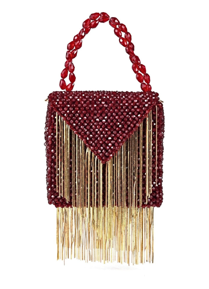 Maroon Embellished Mini Bag With Gold Chain House of Kosha - Fabilicious Fashion