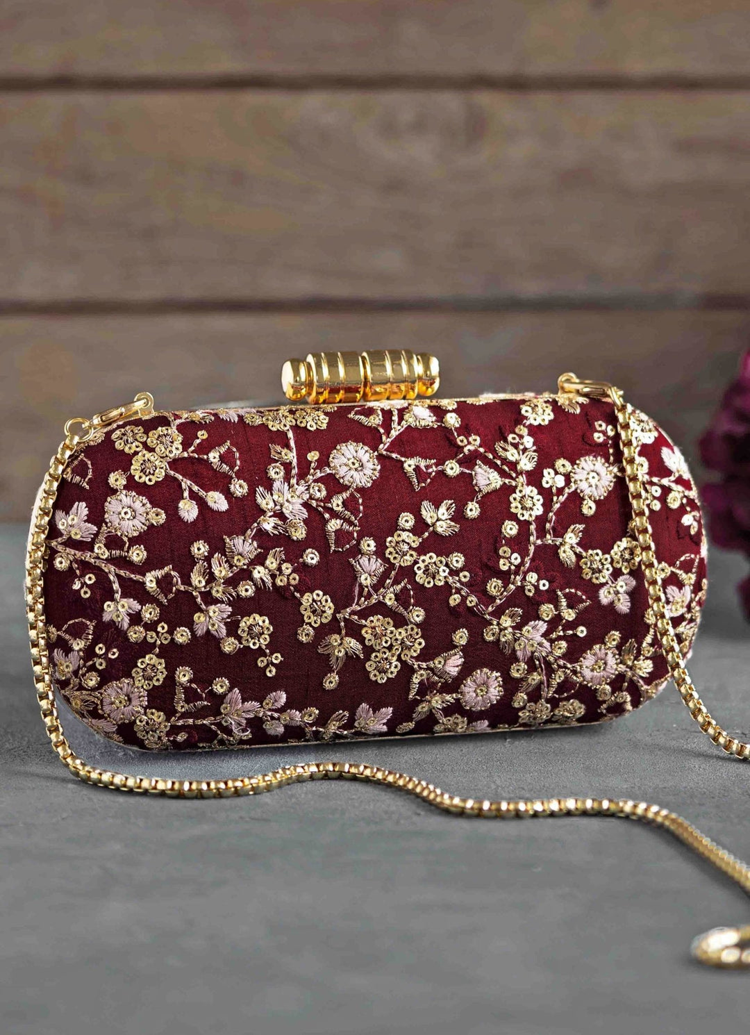 Maroon Embroidered Clutch AMYRA - Fabilicious Fashion