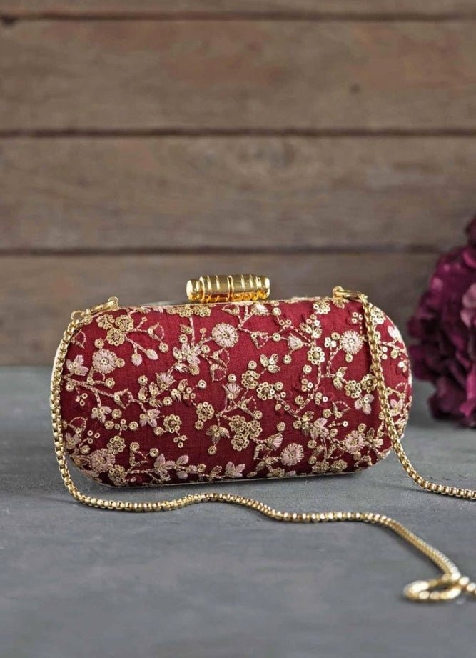 Maroon Embroidered Clutch AMYRA - Fabilicious Fashion