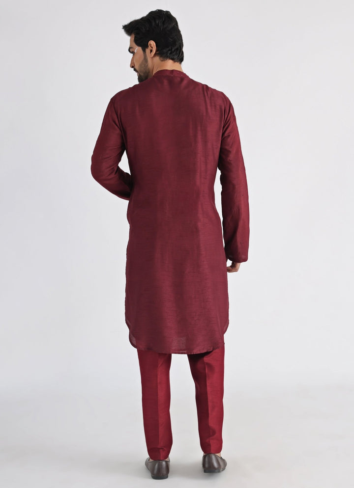 Maroon Embroidered Nehru Jacket With Kurta Set Smriti - Fabilicious Fashion